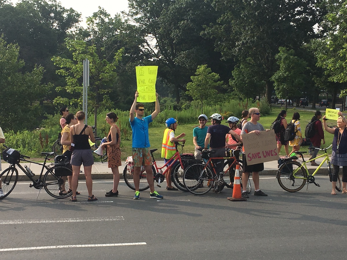 Advocates also lined the right-turn lane of Brookline Avenue between Park Drive and the Fenway, a prominent gap in the City of Boston's bike route network. The city recently installed a high-quality protected bike lane on Brookline Avenue, but it ends at Fenway, without connections east into the Fenway and Kenmore Square neighborhoods.