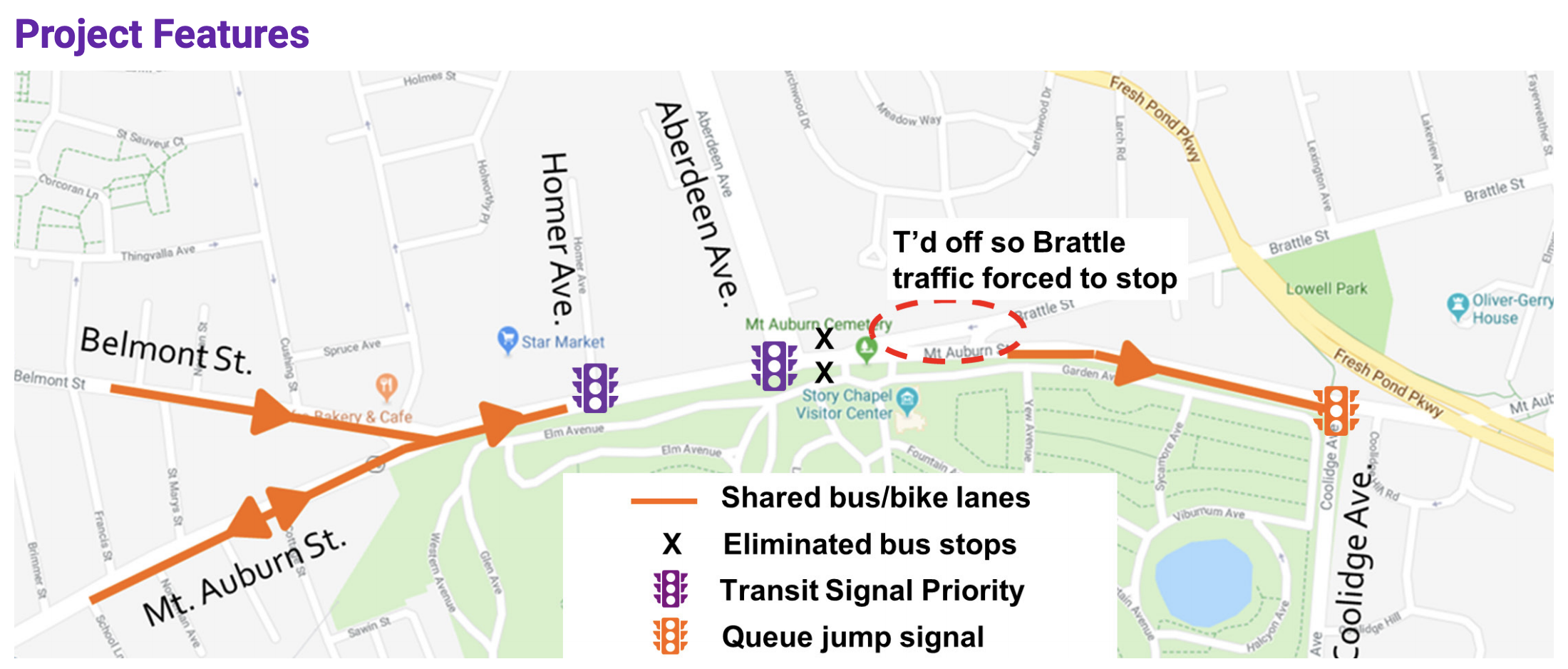 A diagram of bus route improvements along Mount Auburn Street in Cambridge and Watertown. Courtesy of the City of Cambridge.