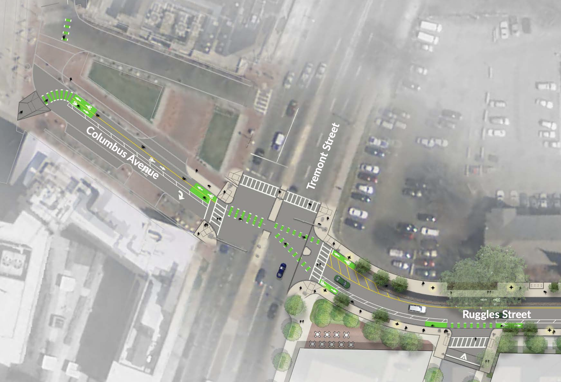 A plan view of the new Ruggles Street at Tremont, where cyclists will be able to access a new 2-way bikeway link to the Southwest Corridor path and the Ruggles Orange Line stop. Courtesy of the City of Boston.