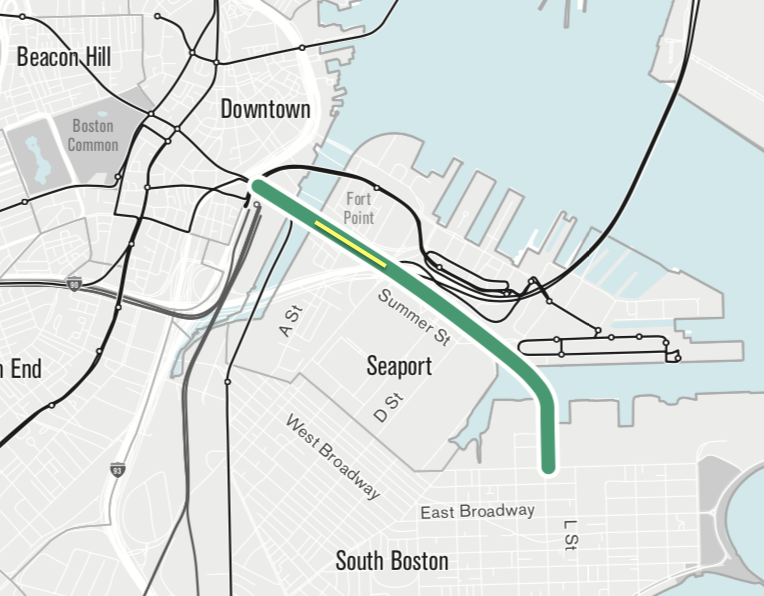 The route of the proposed Summer Street crosstown protected bike route, as envisioned in the GoBoston 2030 plan (page 175), would extend all the way from South Station to East 1st Street in South Boston. As of 2019, only a short section in Fort Point section (highlighted in yellow) has been completed.