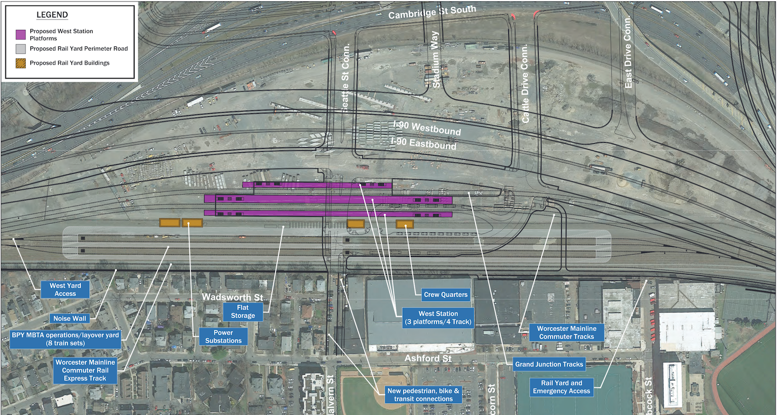 The “Allston Multimodal Project” plan for West Station, as of October 2020. Courtesy of MassDOT.
