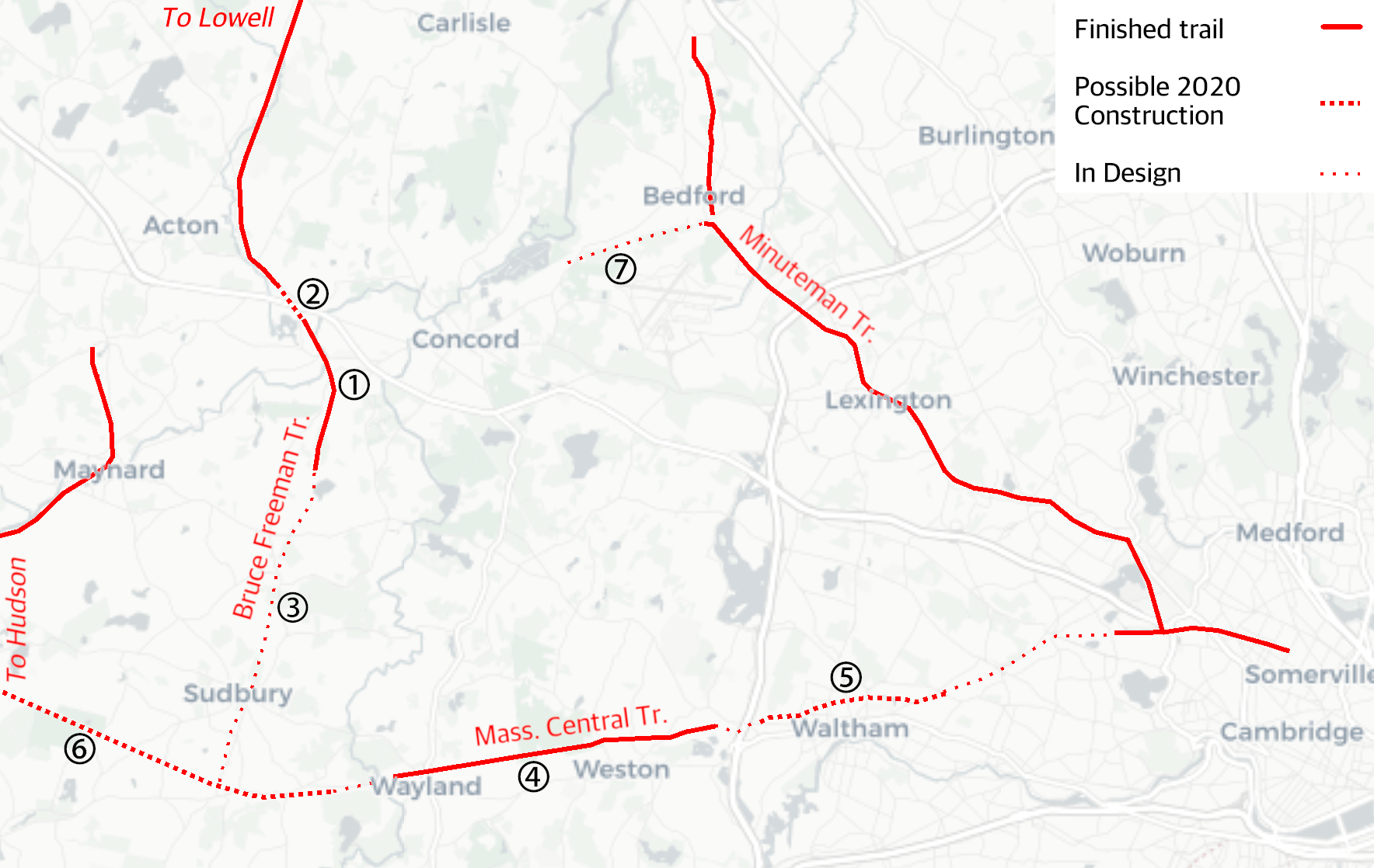 The status of rail trails under construction and in design in Boston's western suburbs as of September 2019.