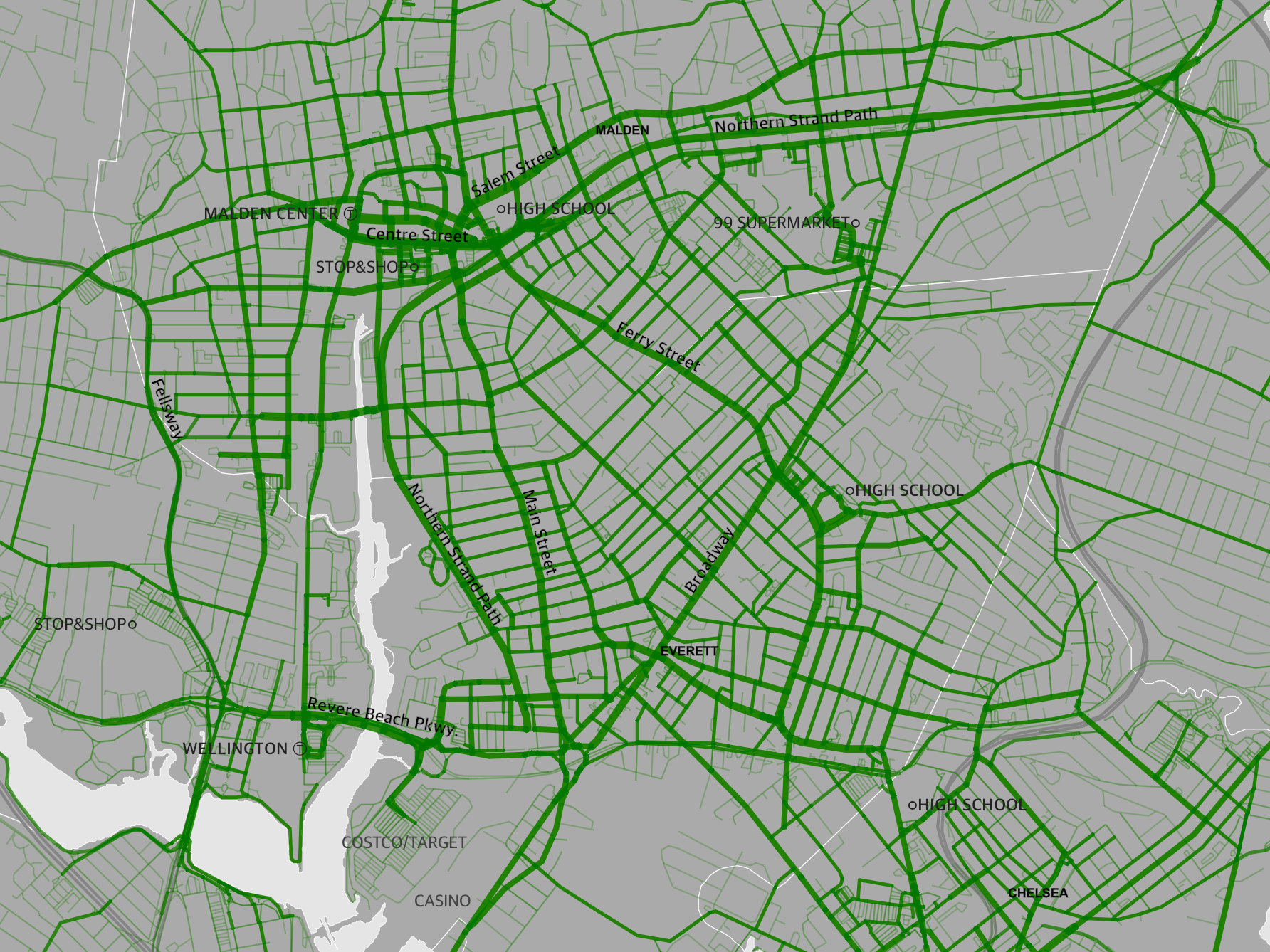 A map of LimeBike trips in Malden and Everett reveals latent demand for bicycling facilities on key streets.
