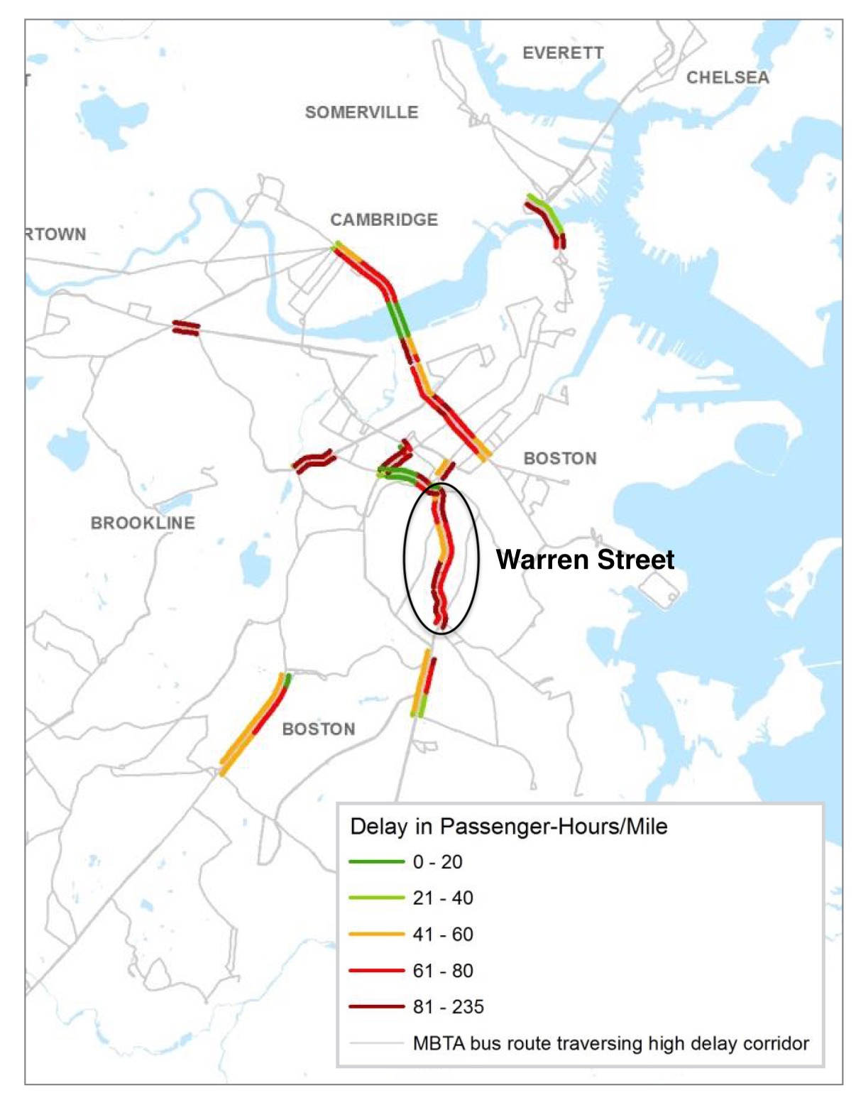 A map of the region's bus routes with the highest rates of delay from traffic congestion, with Warren Street highlighted. Courtesy of the Boston Region Metropolitan Planning Organization.