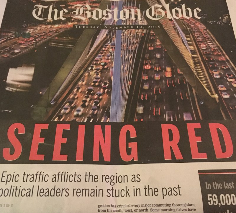 The cover of the Tuesday, November 19, 2019 Boston Globe, with the first of three stories from the "Seeing Red" Spotlight report.