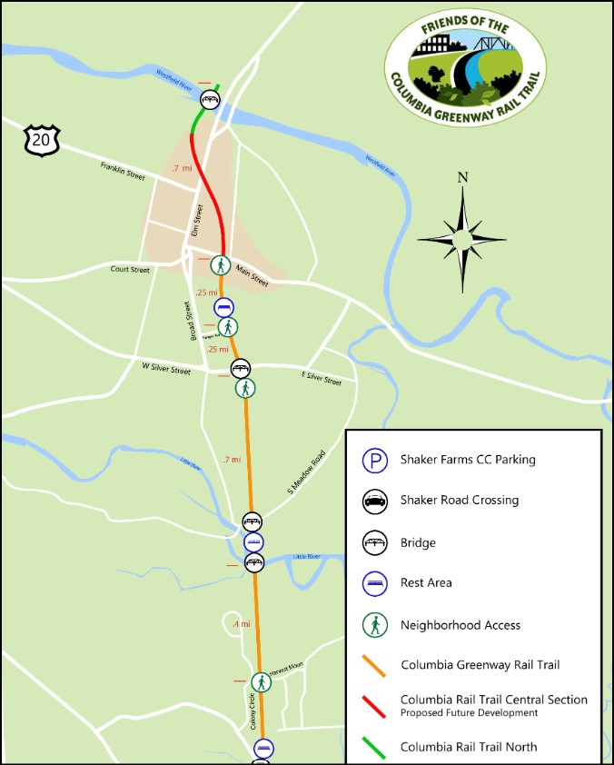 A map of the Columbia Greenway Rail Trail in Westfield. The downtown segment, highlighted in red, is expected to open in 2022. Courtesy of the Friends of the Columbia Greenway.