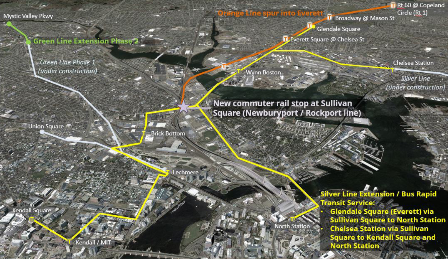 Transit improvements analyzed in the Lower Mystic Regional Working Group's 2019 transportation study, which recommended two extensions (highlighted in yellow) of the Silver Line from its current terminus in Chelsea. Courtesy of the Lower Mystic Regional Working Group.