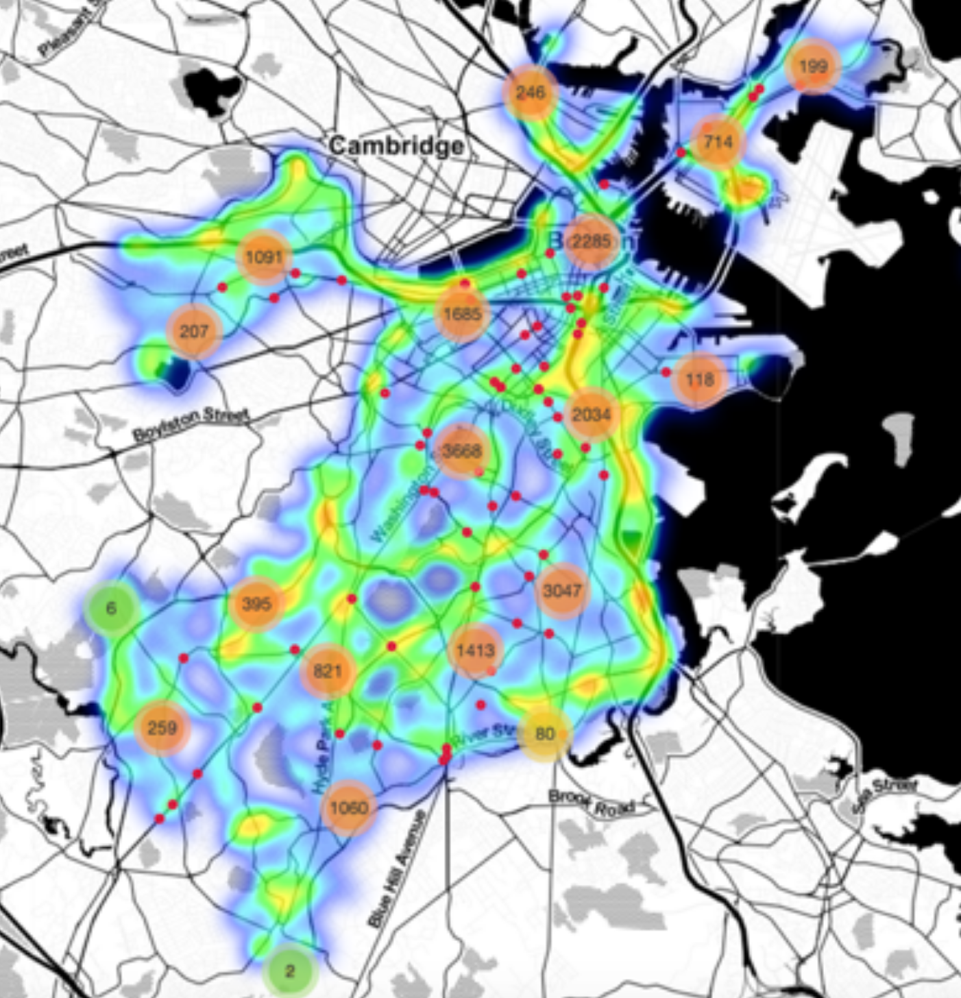 A heat map of speeding incidents recorded by the City of Boston's "Safest Driver" app in 2019. Clustered numbers indicate the number of crashes in their vicinity, and red circles indicate the locations of fatal crashes. Courtesy of the City of Boston.