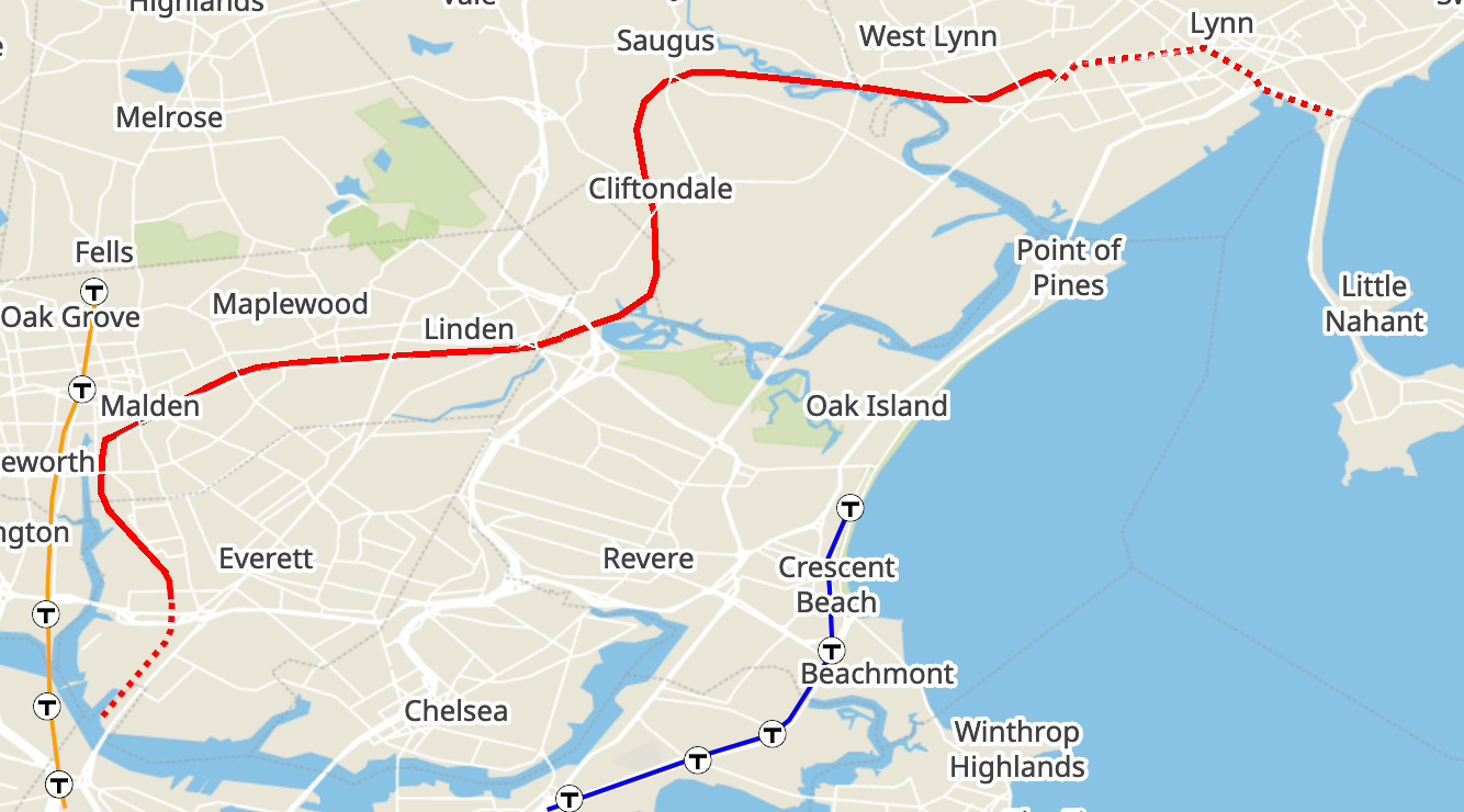 The state has broken ground on a project to complete the Northern Strand Community Path between Lynn, Saugus, Malden and Everett. Two other projects - an on-street extension of protected bikeways in Lynn (dotted line at upper right) and a City of Everett trail extension to the Mystic River waterfront (dotted line in lower left) are expected to be completed on a similar timeframe, by the summer of 2022.