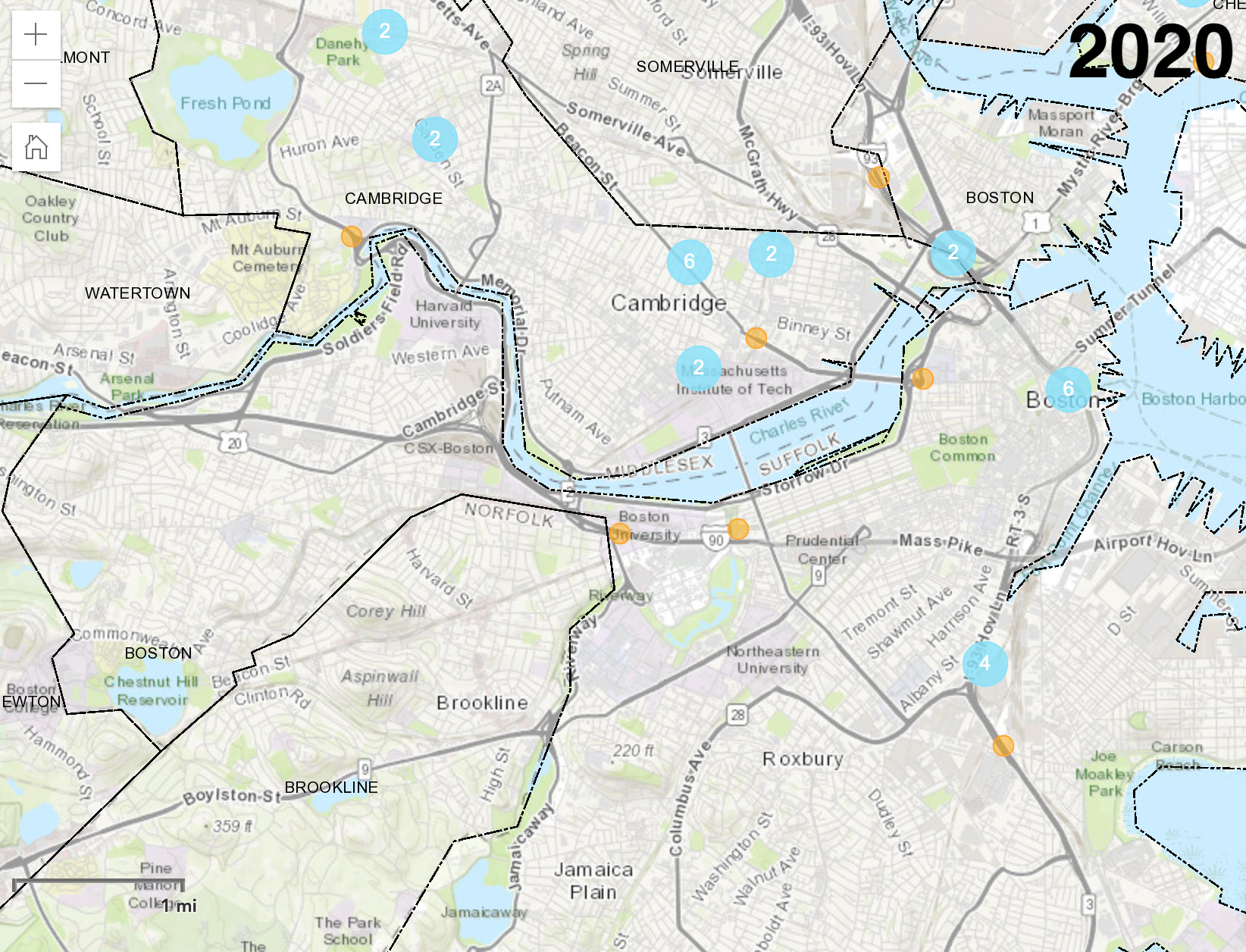A map of Boston-area crashes recorded during the onset of the COVID-19 pandemic (from March 15 to April 1, 2020). Numerals in blue indicate clustered totals for crashes in each neighborhood; yellow circles indicate individual crashes. Courtesy of the MassDOT IMPACT crash database.
