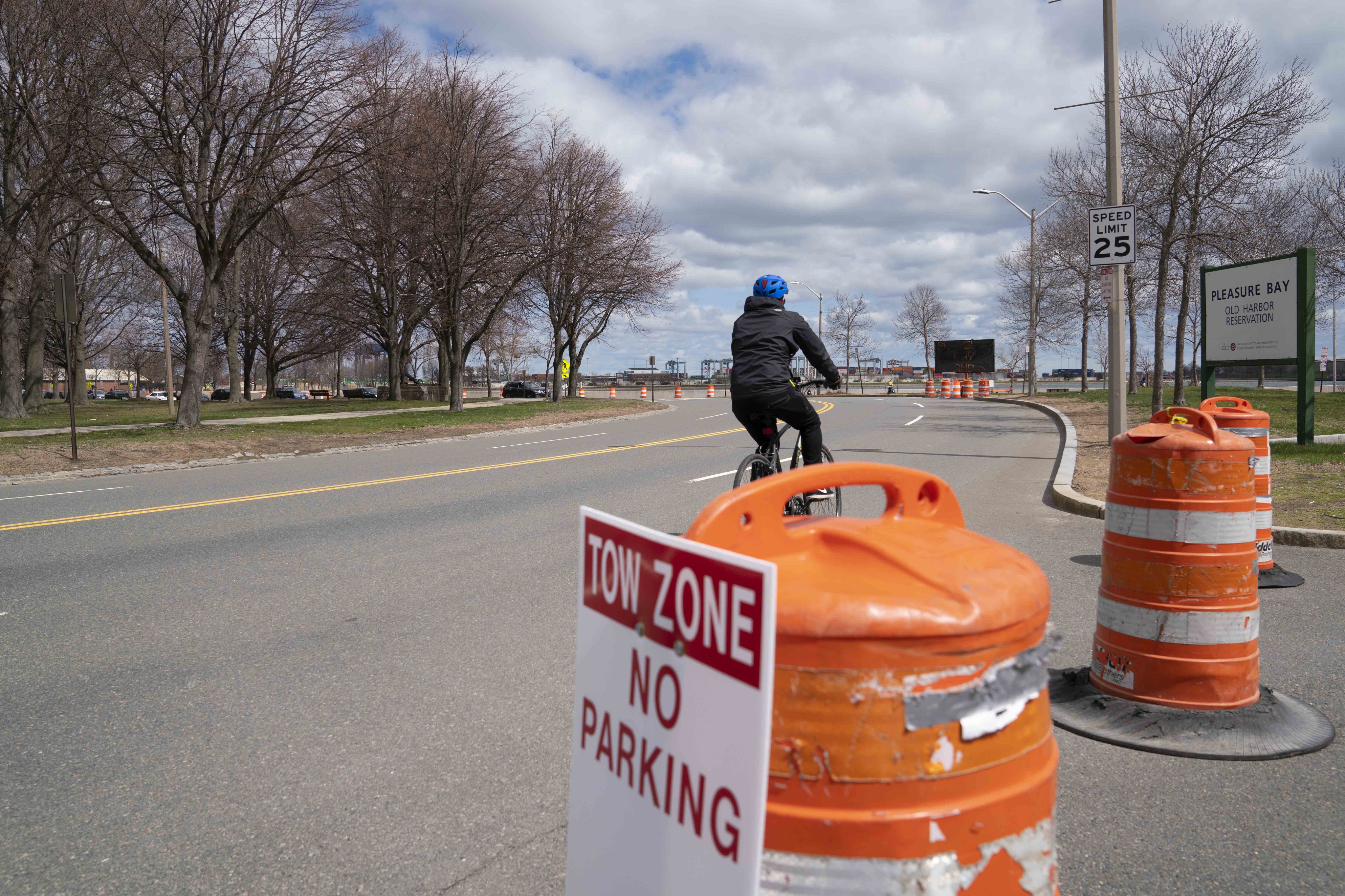 A person riding a bike enjoys plenty of room on a section of Day Boulevard that was closed to car traffic for the weekend of April 11-12. Photo courtesy of the Massachusetts Department of Conservation and Recreation.
