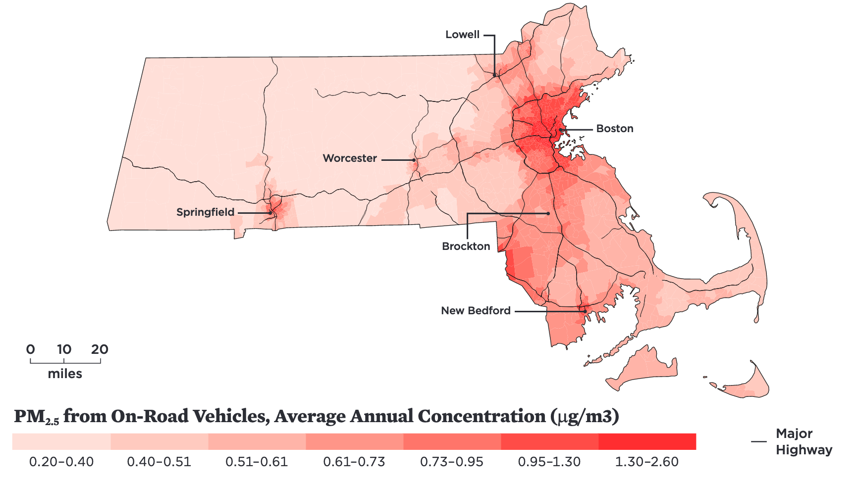 Major highways increase the health risks of fine particulate pollution exposure in the Commonwealth's biggest cities. Courtesy of the Union of Concerned Scientists.