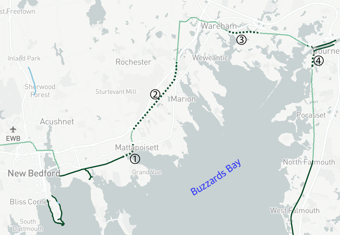 A close-up view of the South Coast Bikeway between New Bedford and Bourne. As of Spring 2020, the Phoenix Bike Trail in Fairhaven is being extended to Mattapoisett village (1) and a 3.8 mile segment through Marion is in advanced design (2). A mile-long segment in Wareham is also being prepared for construction (3), and the town of Bourne is designing the first segment of a new path (4) that will ultimately connect the Bourne Canal trails to the Shining Sea Bikeway in Falmouth and Woods Hole.