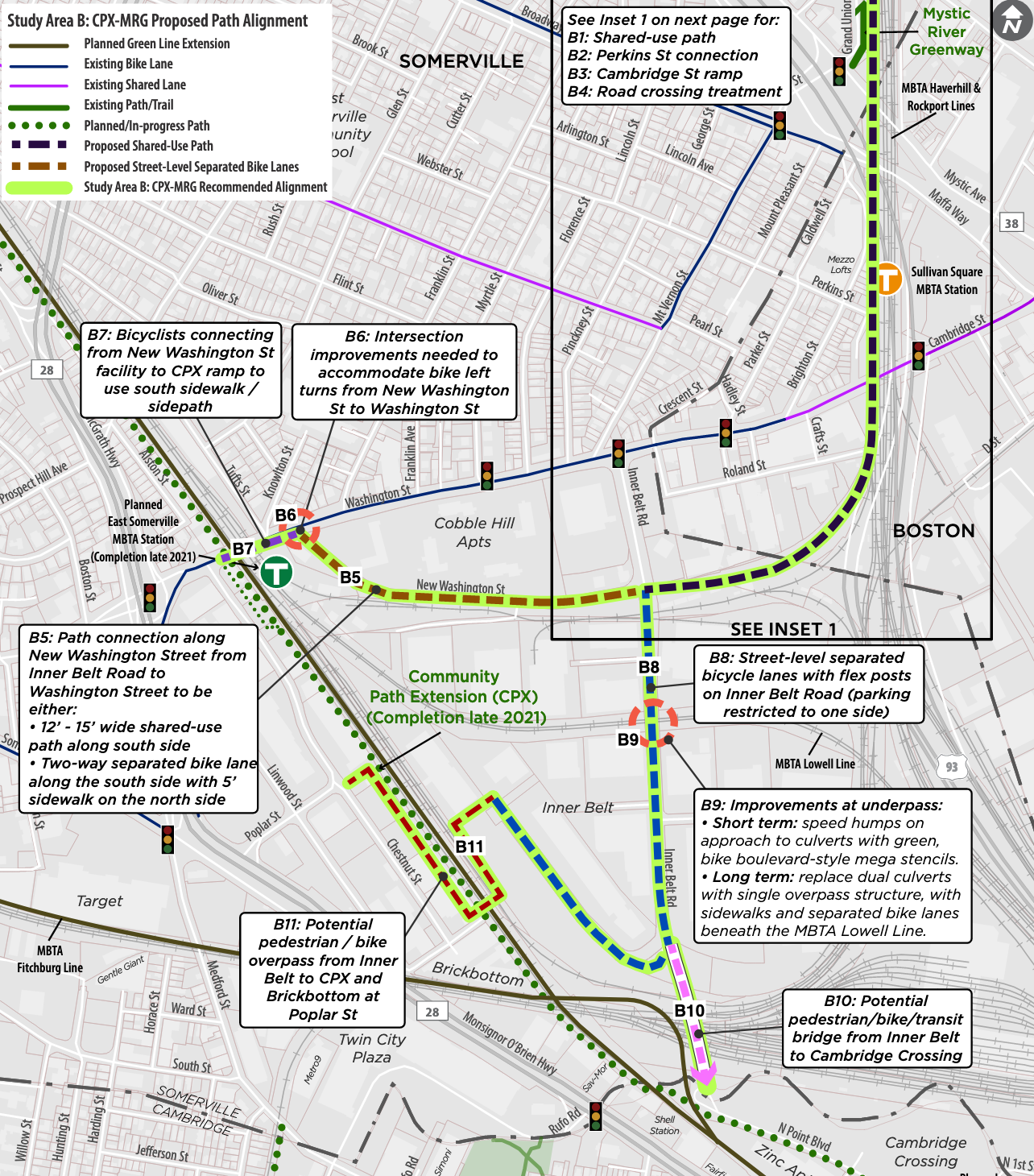A recommended route to link the Mystic River path network to the under-construction Community Path near the new Lechmere Green Line station. Courtesy of the Friends of the Community Path and the Friends of the Mystic to Charles Connector.