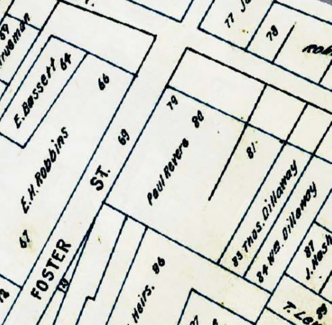 A detail from a historic map drawn in ink of property parcels on a white background. A rectangle near the center bears the name "Paul Revere"
