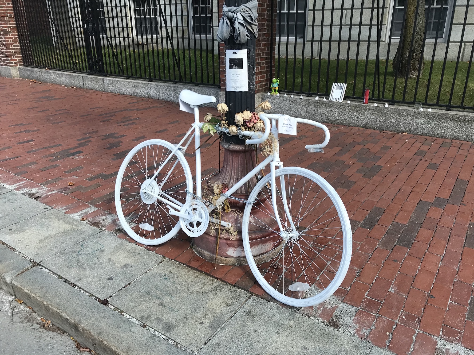 A new ghost bike memorial to Darryl Willis, who was killed by a truck driver in Harvard Square on August 18.