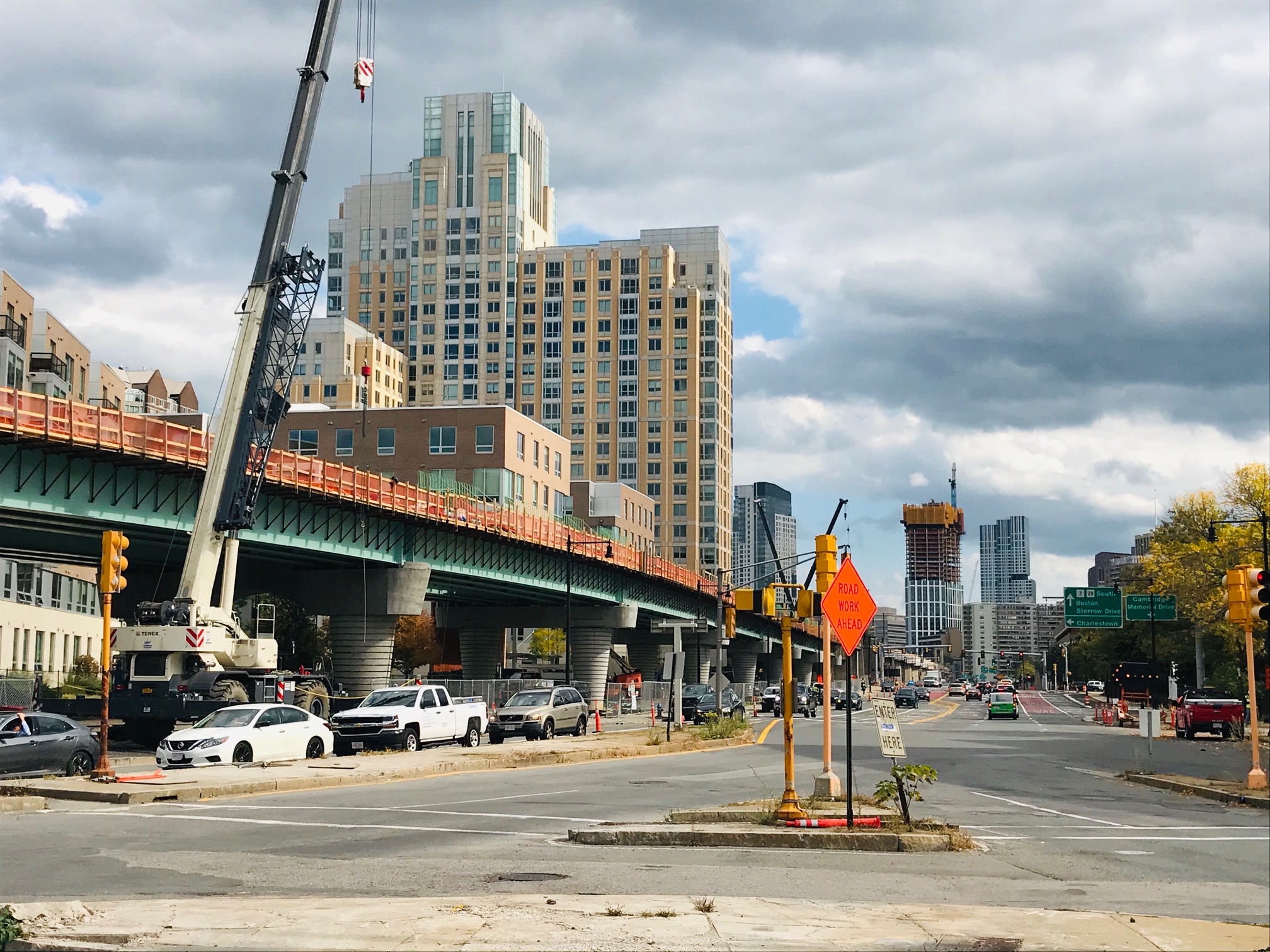 The new Lechmere Viaduct, looking towards the Charles River Dam. The new Lechmere Green Line station will be located on this viaduct, with public plazas and sheltered bike parking located beneath.