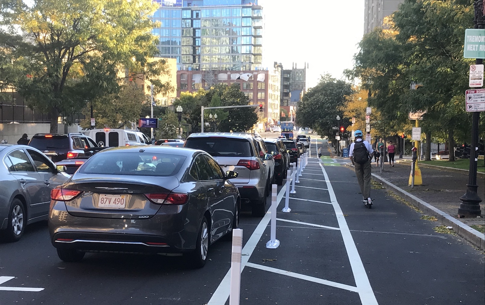 Chinatown's new southbound protected bike lane on Tremont Street, photographed on Sept. 30, 2020.