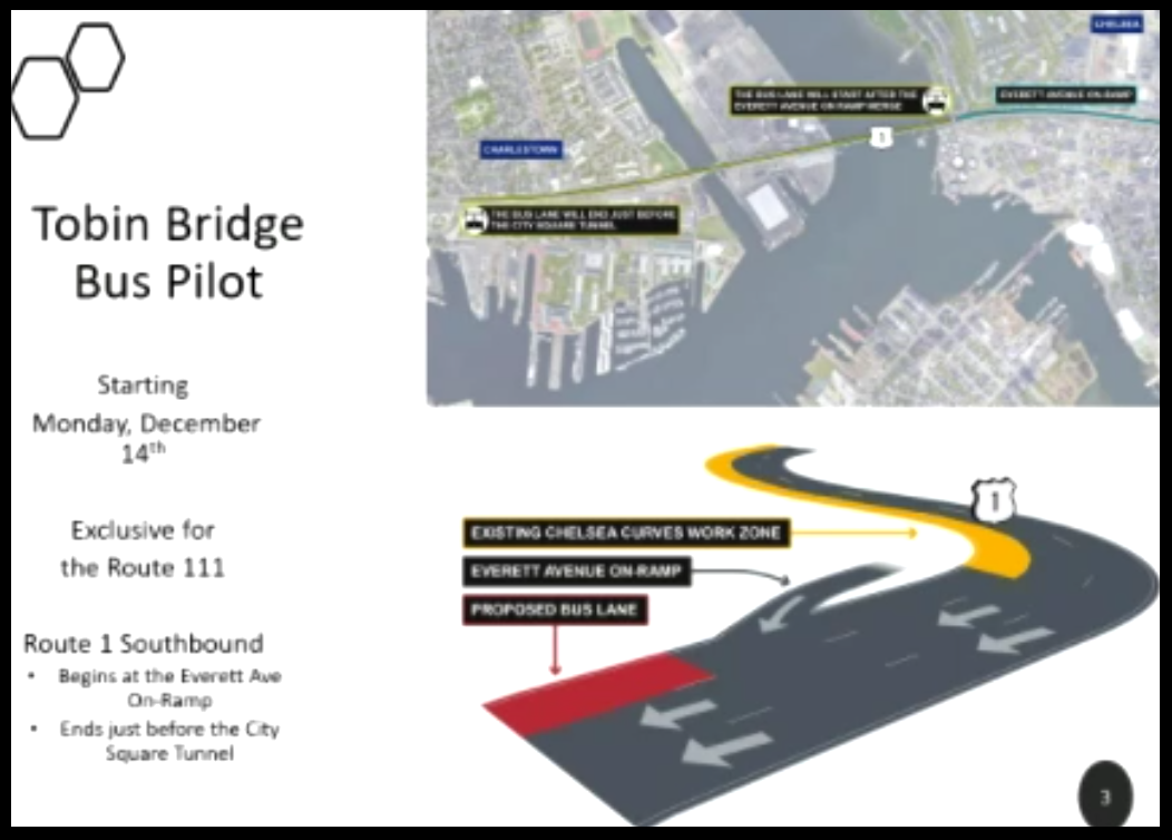 Sketch of MassDOT's Tobin Bridge bus lane pilot, to take effect in December 2020. Courtesy of MassDOT.