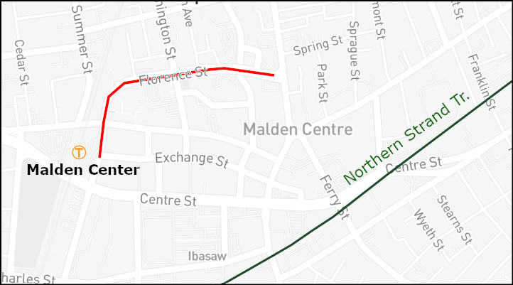 The new bus lane extends along Florence Street (highlighted in red) to the Malden Center Orange Line station.