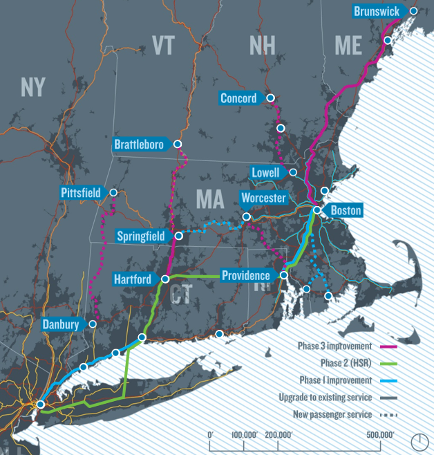 Proposed investments under the North Atlantic Rail proposal. A network of regional rail systems (in pink and blue) would feed into a high-speed trunk line (in green) that would allow 100-minute trips between downtown Boston and New York City. Courtesy of North Atlantic Rail.