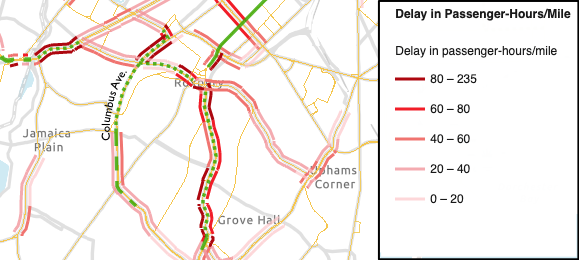 A map of the new Columbus Ave. bus lanes overlaid on a map of bus delays on the MBTA’s high-ridership bus routes. The green dashed line indicates the segment of bus lanes that are currently under construction, and the dotted line indicates the new northward extension that is expected to go under construction by spring 2022. Map courtesy of ITDP.