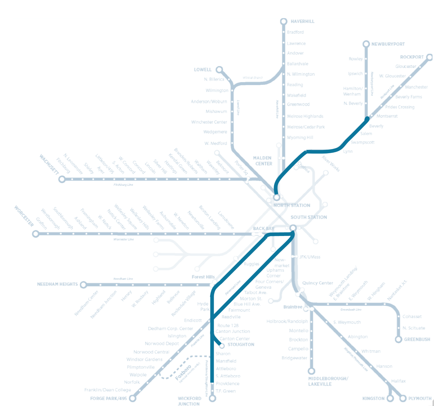 A map of regional rail lines scheduled for upgrades under phase one of the MBTA's 'rail vision' plan. To support more frequent, all-day service, the T wants to electrify trains on the Providence and Fairmount lines, and the Newbury-Rockport line as far as Beverly. Courtesy of the MBTA.