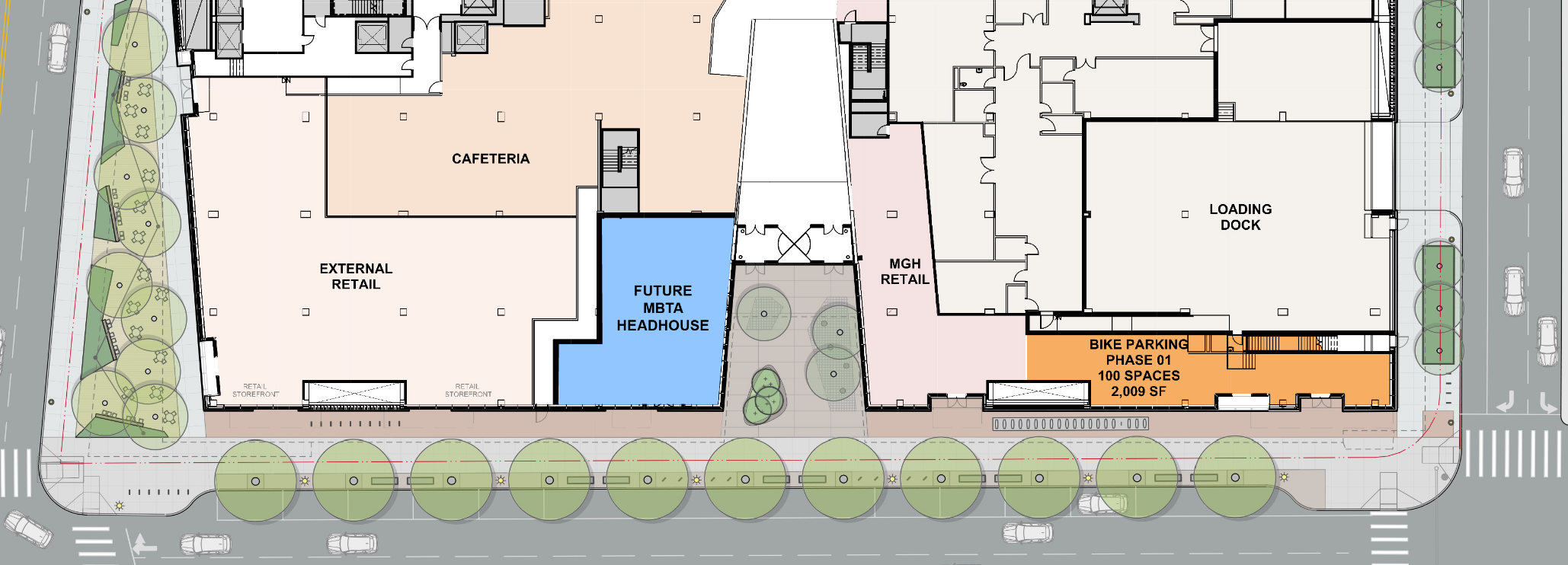 A ground-floor plan of the proposed MassGeneral Hospital expansion, highlighting the proposed new MBTA station entrance in blue. Courtesy of the BPDA.