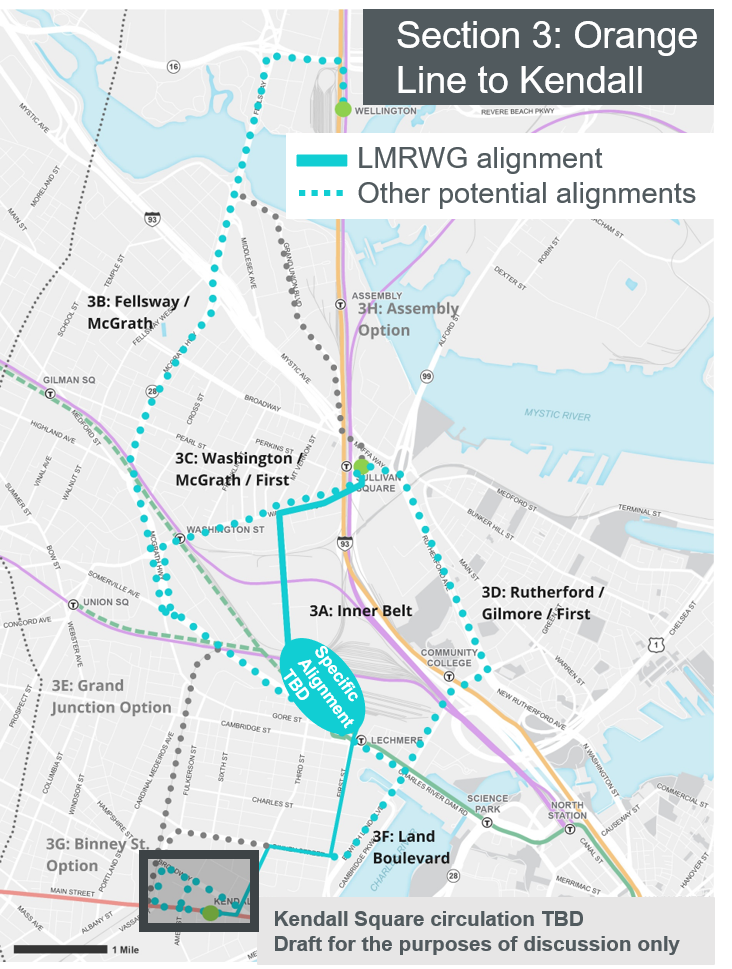 Silver Line Extension Analysis: potential routes through Sullivan and Kendall Squares. 