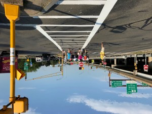 Walking from one side of McGrath Highway to the other along Mystic Avenue requires pedestrians to cross multiple highway ramps and and along a "sidewalk" in the middle of the highway.