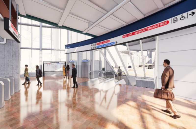 A rendering of a future Blue Line station entrance from the lobby of the existing Charles/MGH station in Charles Circle. Escalators would lead underground to a new Blue Line platform under Cambridge Street. The Red and Blue Lines are currently the only two lines in the T's network that don't directly connect to each other at a downtown station. Courtesy of the MBTA.