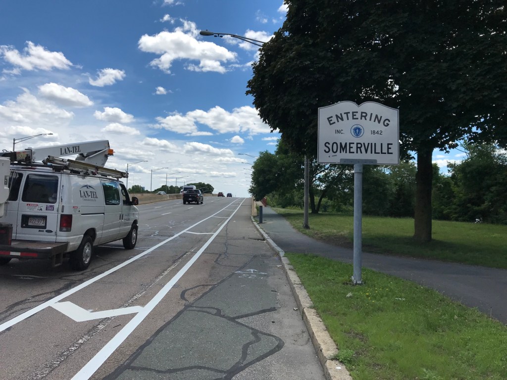 New buffered bike lanes have been painted on the Fellsway across the Mystic River, just south of Wellington Circle. Flexible-post bollards are expected to be installed soon.