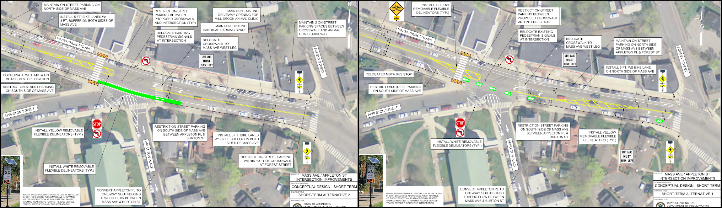 Short-term improvement proposals for Massachusetts Ave. near Appleton St. in Arlington, as of May 2021. 