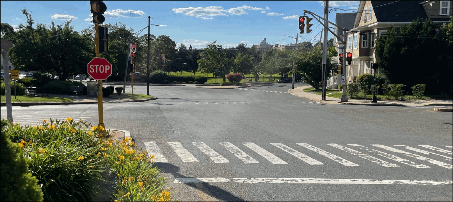 A street-level before-and-after rendering of the proposed changes to Somerville's Powder House Circle. Courtesy of the City of Somerville.