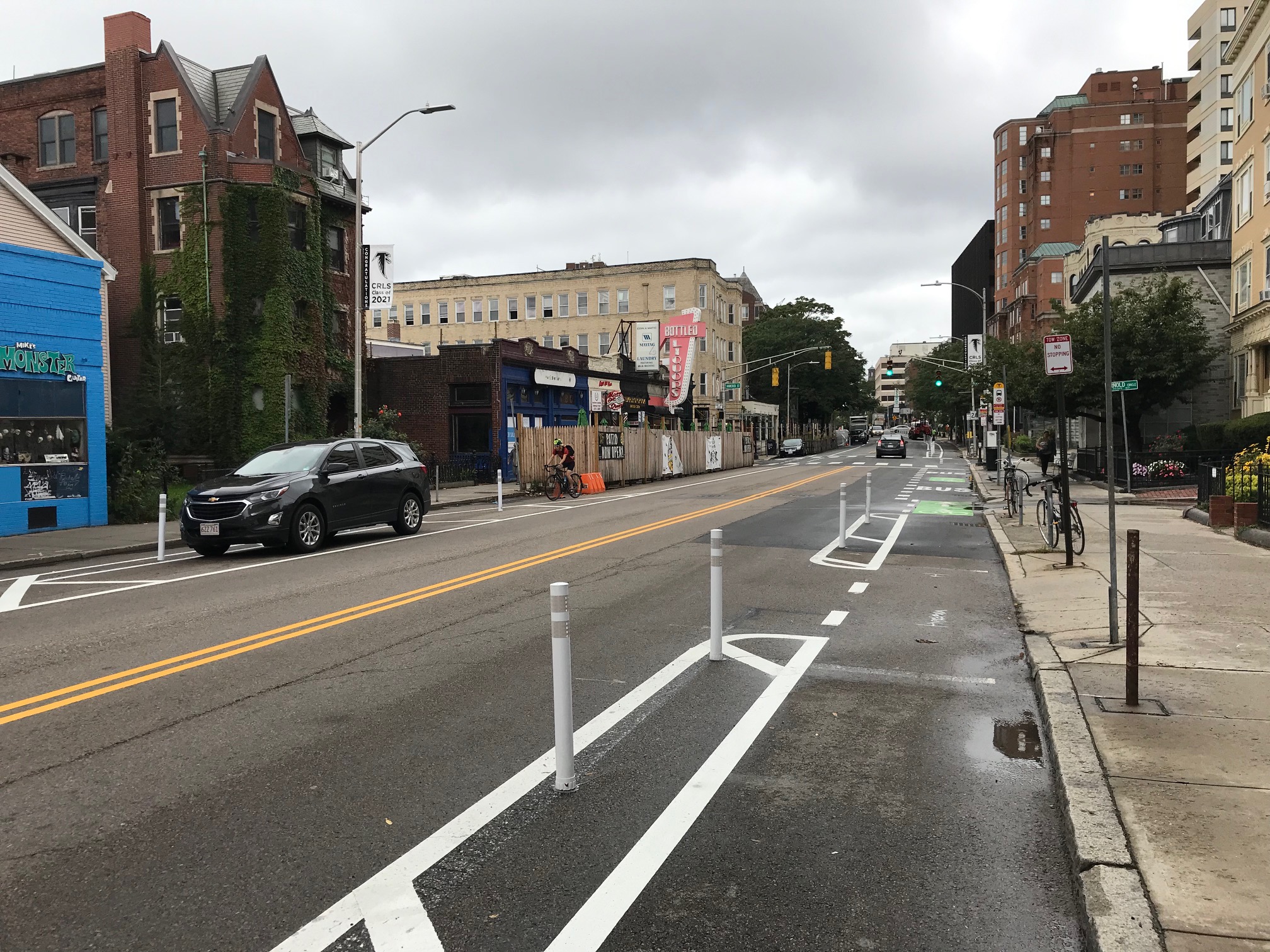 New separated bike lanes on Massachusetts Avenue near Hancock Street in Cambridge. 