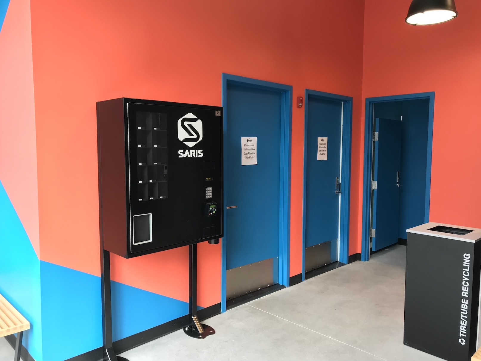 The interior of the bike center at the Cambridge Crossing development, located adjacent to the new Lechmere Green Line Station. The bike center includes lockers, changing rooms, and showers for bike commuters, and is open to the public.