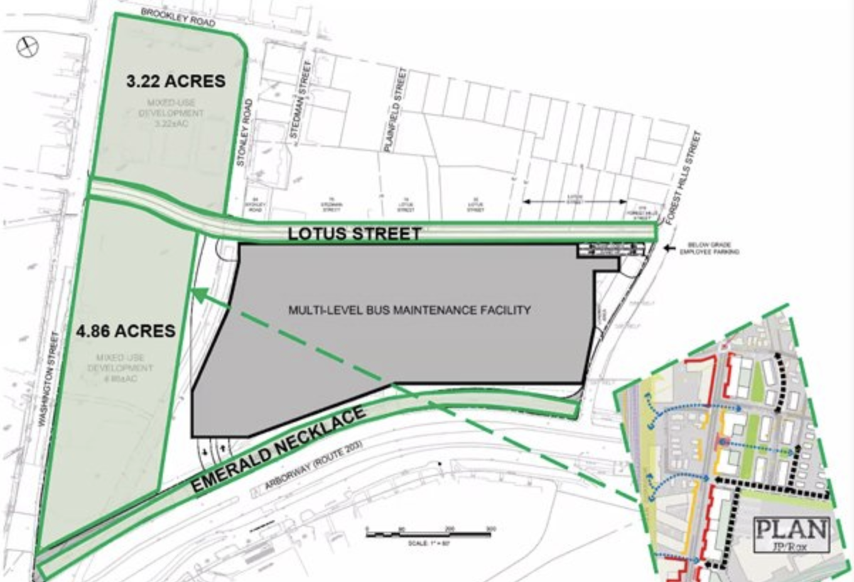 A screenshot from the MBTA's virtual public meeting shows the agency's redevelopment concept for its Arborway bus garage site in Jamaica Plain. Courtesy of the MBTA.ot from the MBTA's virtual public meeting shows the agency's redevelopment concept for its Arborway bus garage site in Jamaica Plain. Courtesy of the MBTA.