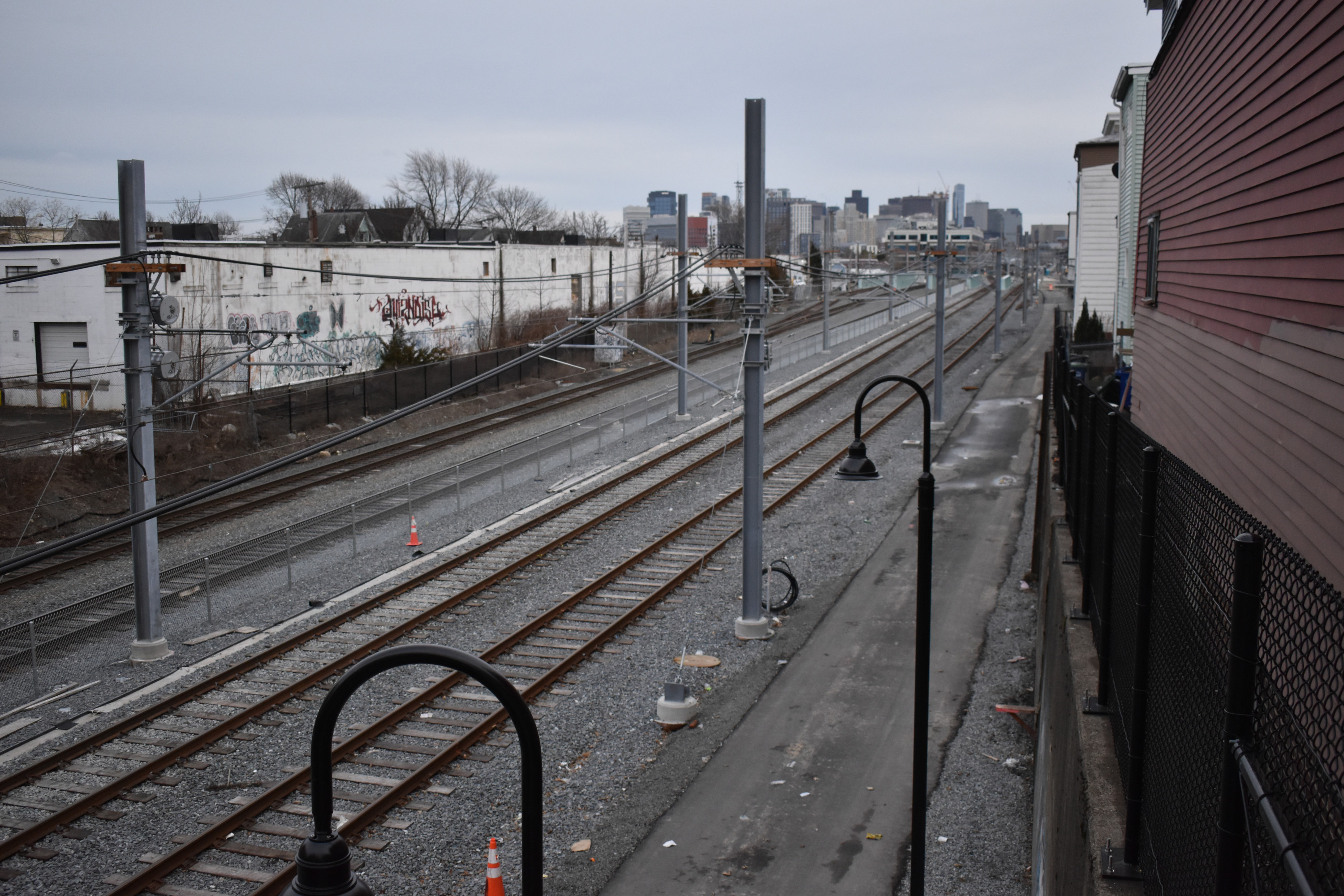 A view of the Somerville Community Path under construction from the Cross Street overpass, looking south towards Washington Street in East Somerville.