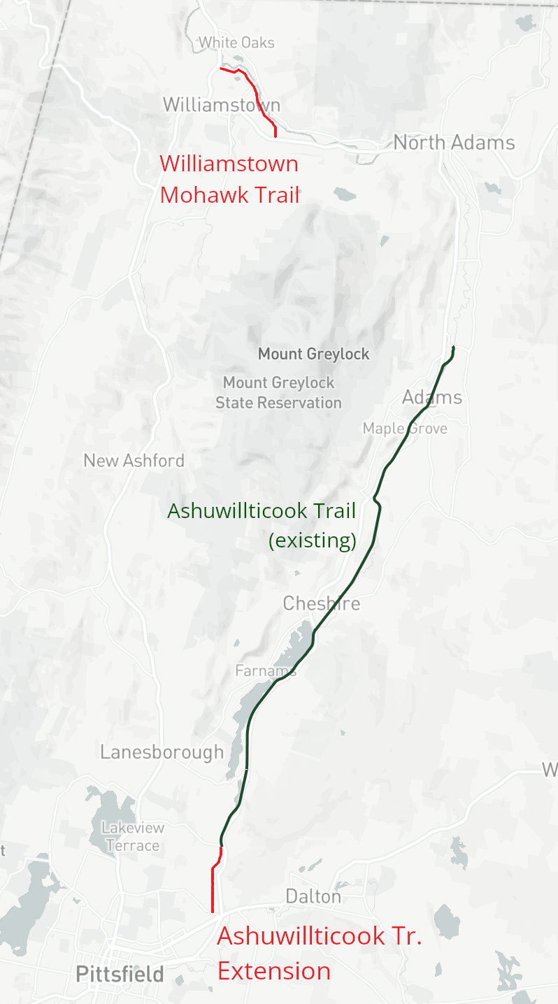 A map of the two new trail projects scheduled to open in 2022 in Berkshire County. Both projects are segments in a planned off-street pathway that will extend along the Hoosic River from Vermont to Pittsfield. 