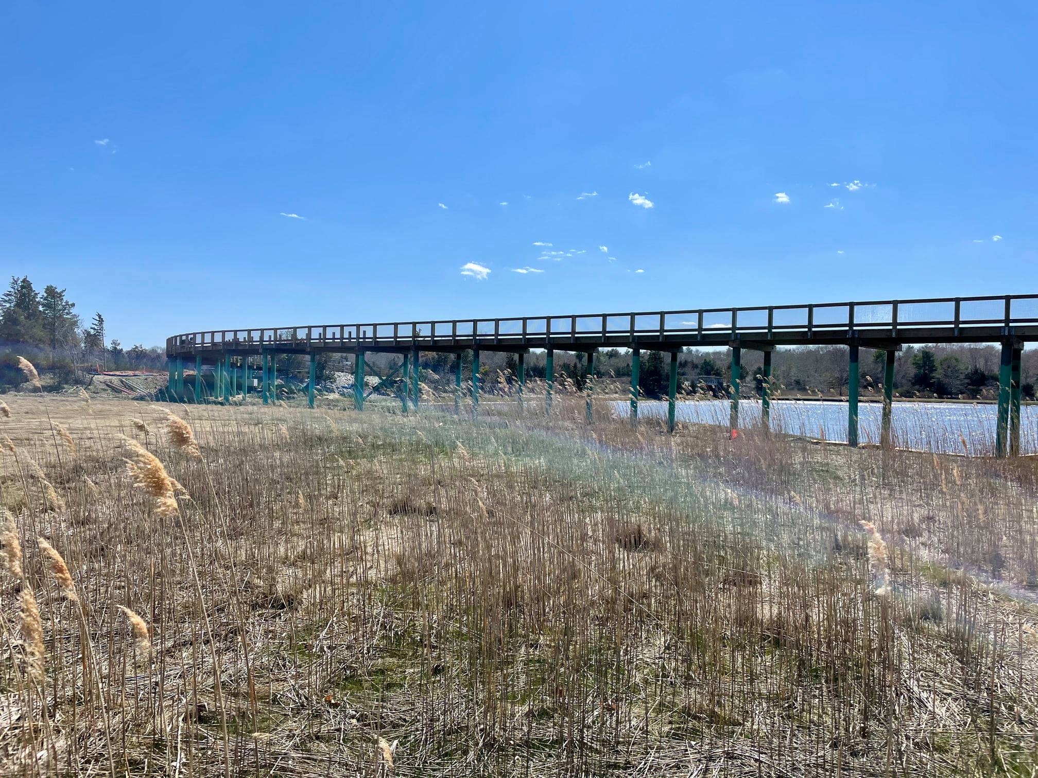 The new Mattaposett Rail Trail boardwalk over marsh grasses on the Mattapoisett waterfront. 