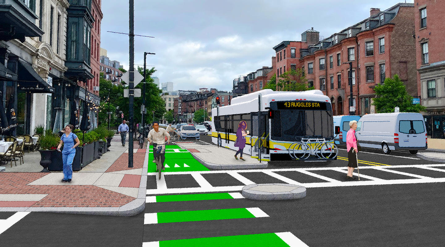 A rendering of a new bus stop and protected bike lane planned for Tremont Street in the South End. 