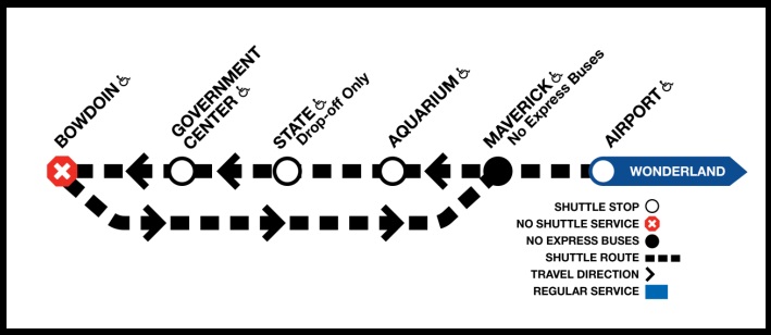 A map illustrates bus shuttle stops for the upcoming April 2022 closure of the Blue Line between the Airport station and downtown Boston. Courtesy of the MBTA.