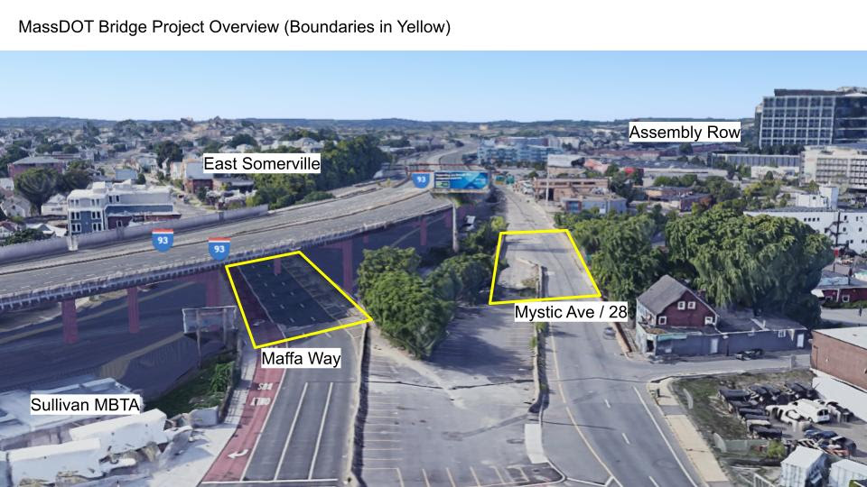 Aerial view of the Maffa Way and Mystic Ave. bridges near Sullivan Square, looking toward East Somerville