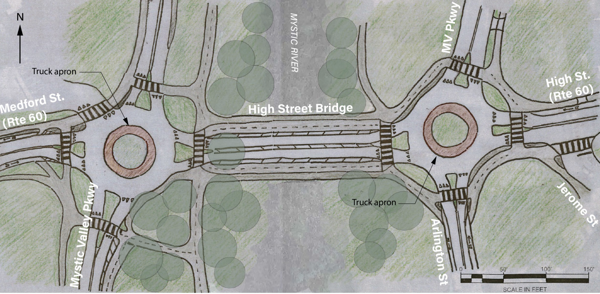 Sketch plan for High Street Bridge traffic calming measures, showing smaller roundabouts on either side of the bridge and new bike paths on the bridge itself. 