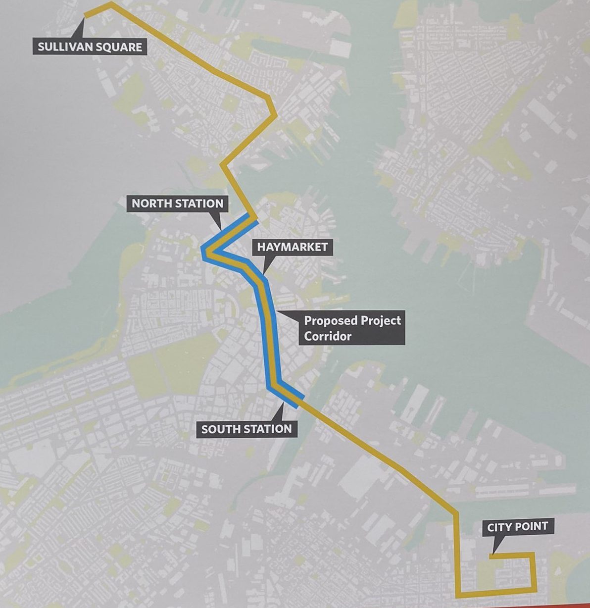 A map of a proposed new bus route that would connect Sullivan Square to downtown Boston, the Seaport, and City Point. From Sullivan Square, the route runs southeast along Bunker Hill Street through Charlestown, then turns onto Chelsea Street and crosses into downtown Boston via the North Washington Street bridge. The route then proceeds through the City of Boston's proposed downtown bus priority corridor, from Causeway Street to Congress Street to Summer Street near South Station. Finally, the route proceeds along Summer Street through the Seaport District to South Boston and City Point. The route The MBTA is proposing a new high-frequency bus route between Sullivan Square, downtown Boston, the Seaport, and City Point, essentially combining the existing 7 and 93 bus routes.