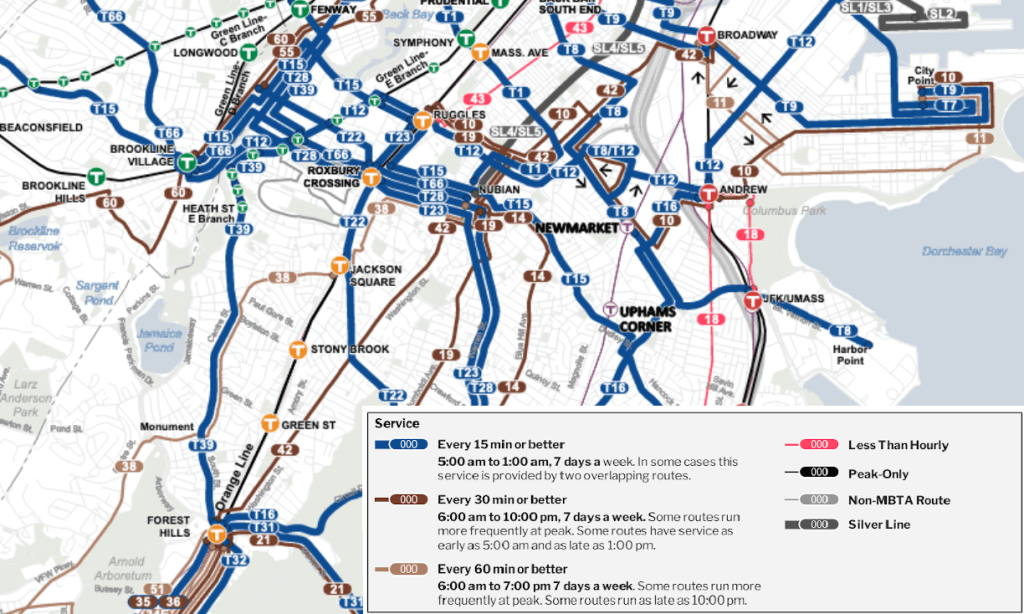 A detail of the MBTA's proposed new bus network map, showing the proposed new routes that would connect Roxbury and Dorchester to the jobs of the Longwood Medical Area (upper left). Courtesy of the MBTA.