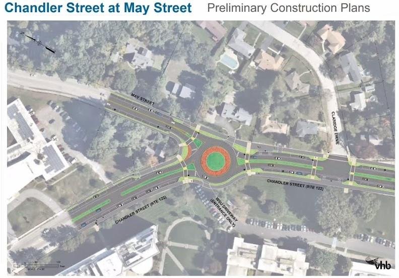 Graphic showing one of roundabouts currently in design to replace the north interseccion at Chandler Street and May Street.