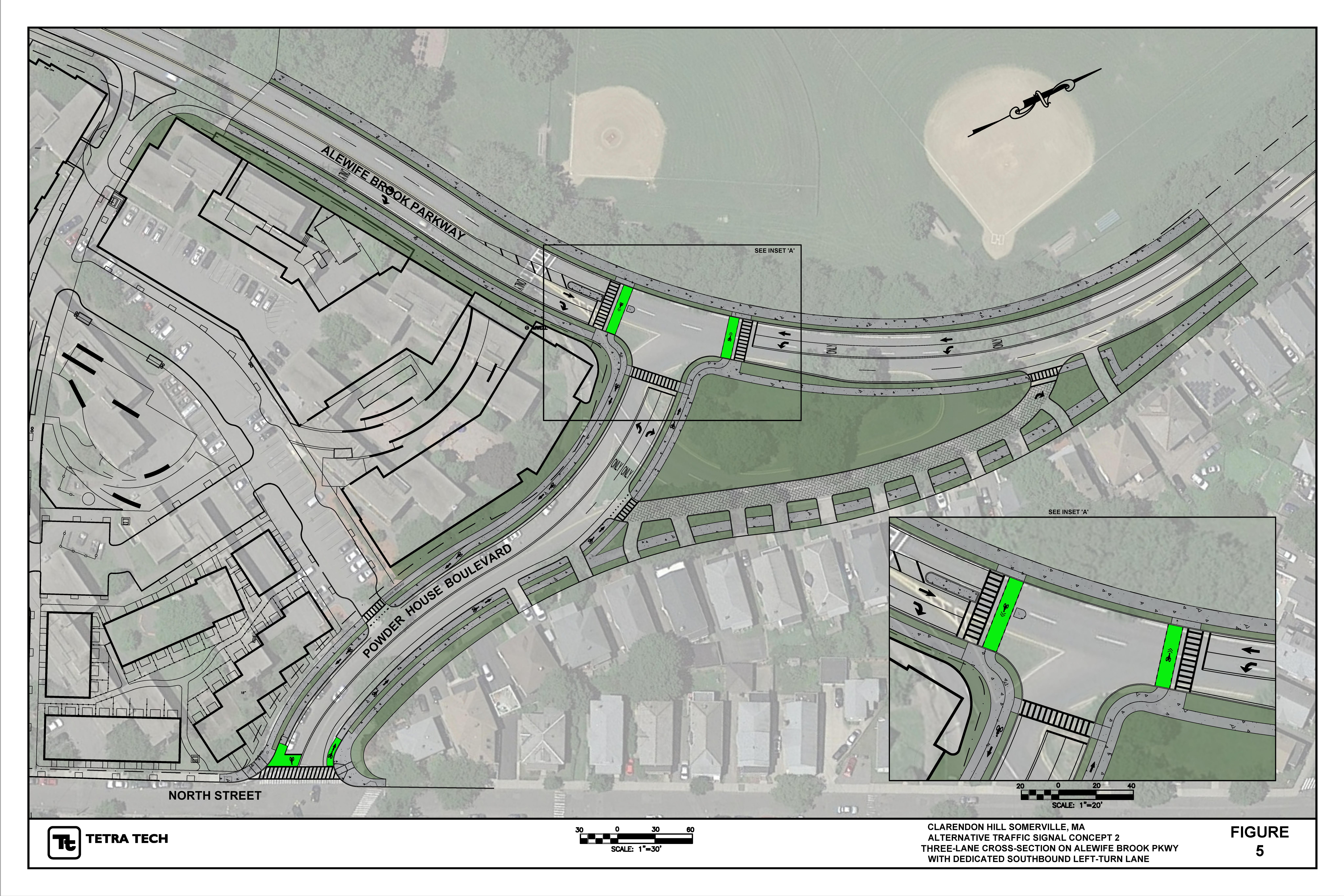 Concept plan for the Alewife Brook Parkway-Powder House Boulevard intersection, which will be converted to a signalized "T" intersection. The project will also reduce the width of Alewife Brook Parkway from 4 to 3 lanes and add new crosswalks at the new intersection, and create a wedge of newly-accessible parkland in the area that is currently a traffic circle. 