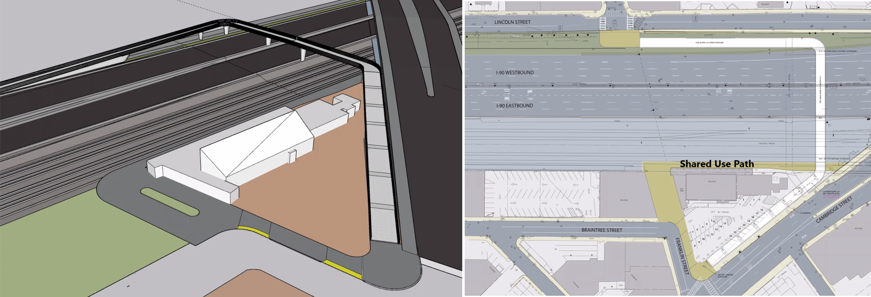 A rendering of a bridge next to a plan view. This "ramp" design, referred to as Option 1, would feature a long ramp parallel to Cambridge Street next to the old Regina Pizzaria building, then would turn north to cross above I-90, then turn at a right angle west to descend via another ramp to the intersection of Lincoln and Franklin Street.
