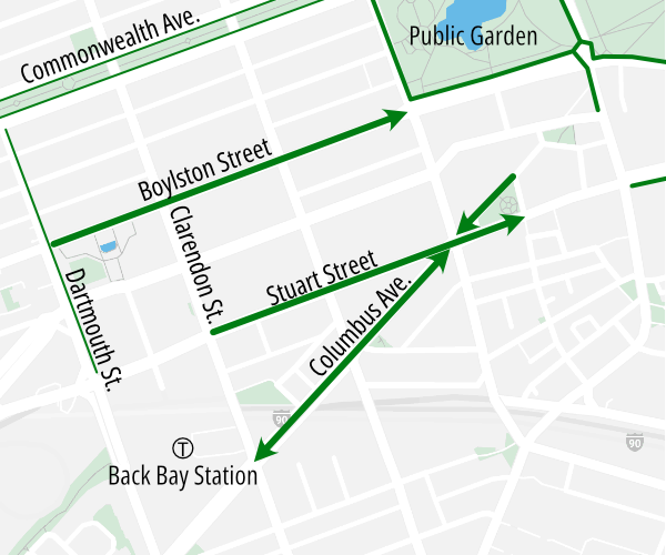 A map of the Back Bay neighborhood of Boston showing proposed pop-up protected bike lanes that the City of Boston plans to implement with cones and barrels during the month-long closure of the Orange Line.